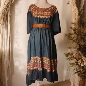 Vintage National Bohemian Blue and Brown Maxi Dress